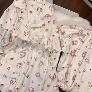 甜美可爱猫女生睡衣秋冬季加厚德绒套装休闲慵懒风家居服