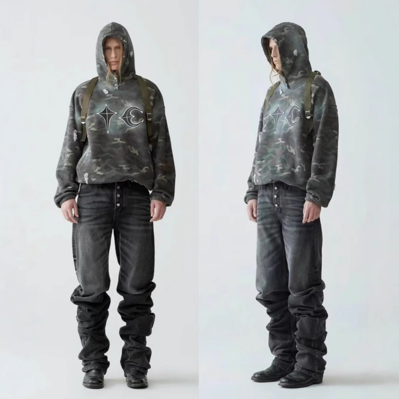 THUG CLUB VIBE Star Moon LOGO Patchwork Leather Embroidered Spray Paint Camouflage Jacket Buckle Washed Hoodie Sweater Fashion THUG CLUB VIBE Star Moon LOGO Patchwork Leather Embroidered Spray Paint Camouflage Jacket Buckle Washed Hoodie Sweater Fashion