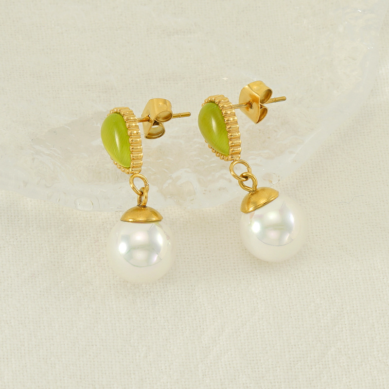 Moda nuevo acero inoxidable francés perla pendientes simple todo fósforo temperamento titanio acero ópalo pendientes en stock mujeres