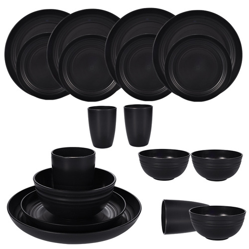 Cross-border e-commerce hot-selling plastic plates, bowls, cups, 8-person American wheat straw black dishes, dishes, cups, 32-piece set