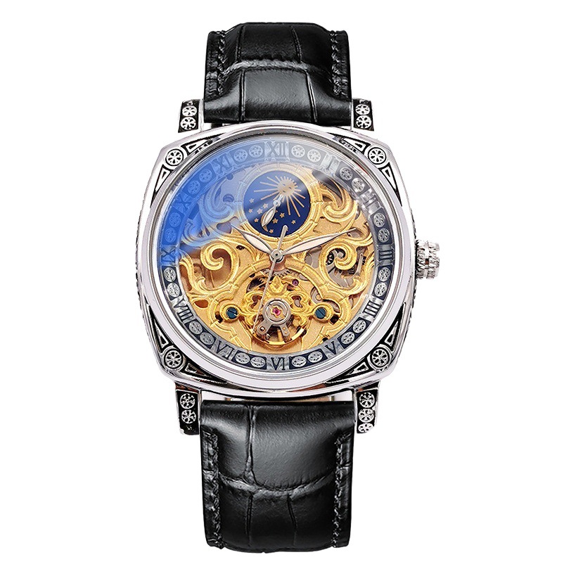 Ogulas reloj mecánico automático cuadrado hueco transparente luminoso luna fase cuero casual hombres azul luz reloj