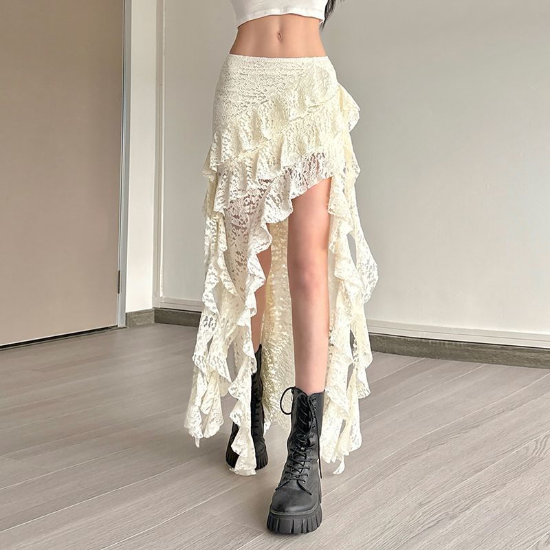 2025 Summer Dark Style Ruffled Stitching Lace High Waist Skirt Women's Design Sense Slimming All-match Irregular Skirt