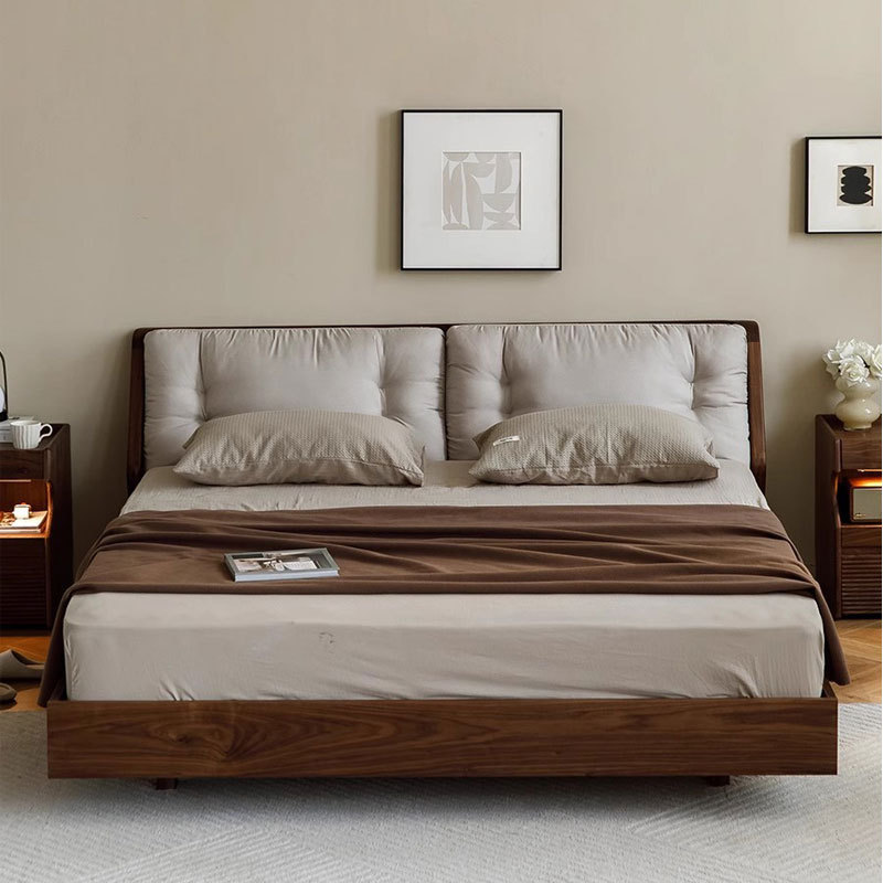 Nordic Full Solid Wood Double Bed 1.8 m Black Walnut Modern Simple Ash Fabric Soft Bedroom Wedding Bed Nordic Full Solid Wood Double Bed 1.8 m Black Walnut Modern Simple Ash Fabric Soft Bedroom Wedding Bed