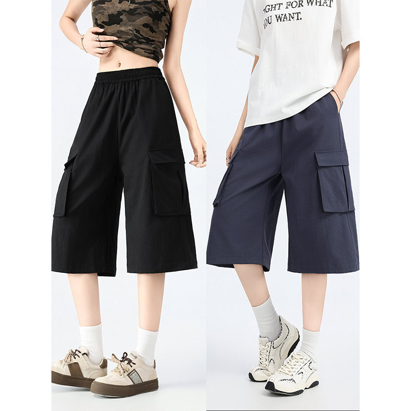 Charcoal Gray Large Pocket Cargo Shorts for Women, Summer New Style, Loose Fit, Slimming Straight-Leg Mid-Length Casual Sports Shorts Charcoal Gray Large Pocket Cargo Shorts for Women, Summer New Style, Loose Fit, Slimming Straight-Leg Mid-Length Casual Sports Shorts