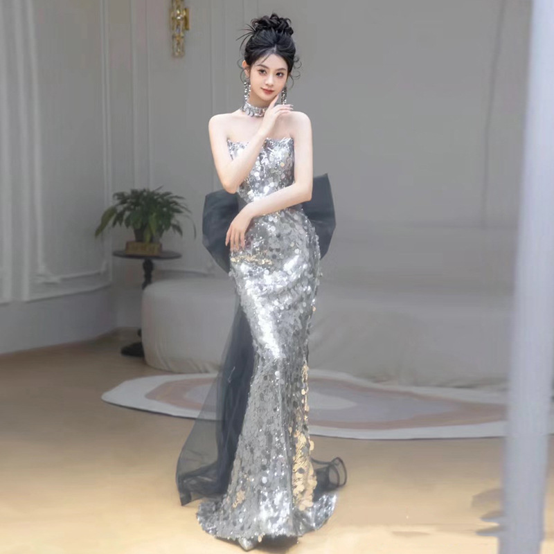 Vestido de noche de bar mitzvah de compromiso brindis lujoso nicho de alta gama anfitrión de graduación de cola de pescado lentejas francesas de alta calidad