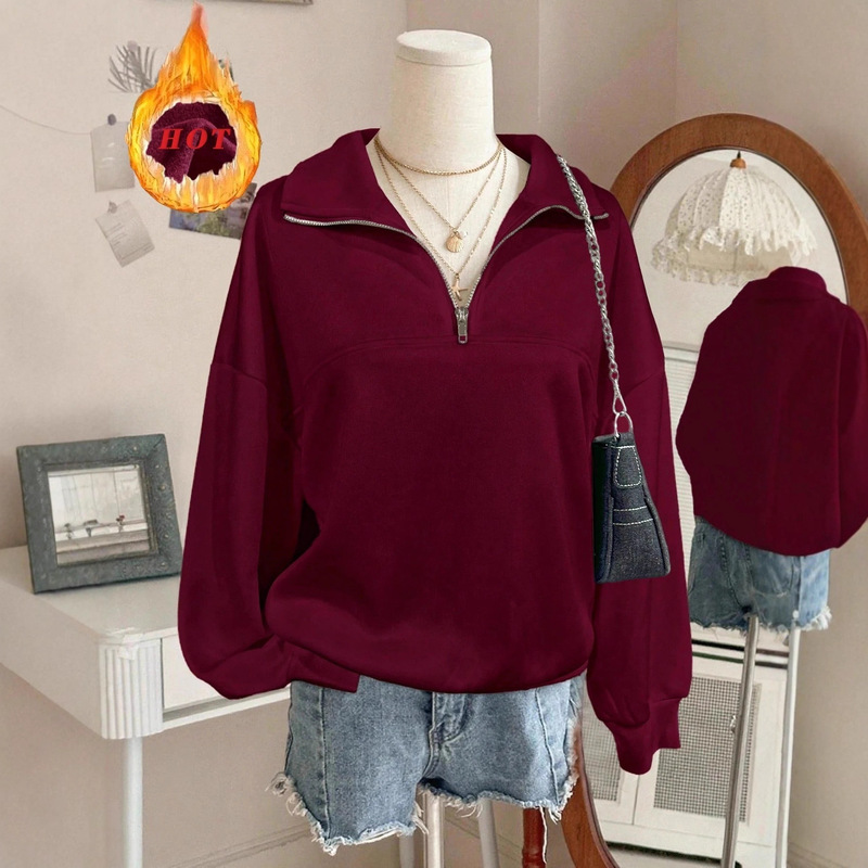 Cross-Border New Autumn and Winter Velvet Thickeneded Half-Zip Pure Color Loose Lapel Sweatshirt Jacket Trendy Y2K