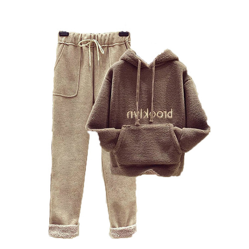 Lamb's Wool Fleece Thick Set Women's Autumn/Winter New Embroidered Sweatshirt Women + Wool Knit Wide Leg Pants Two-Piece Set