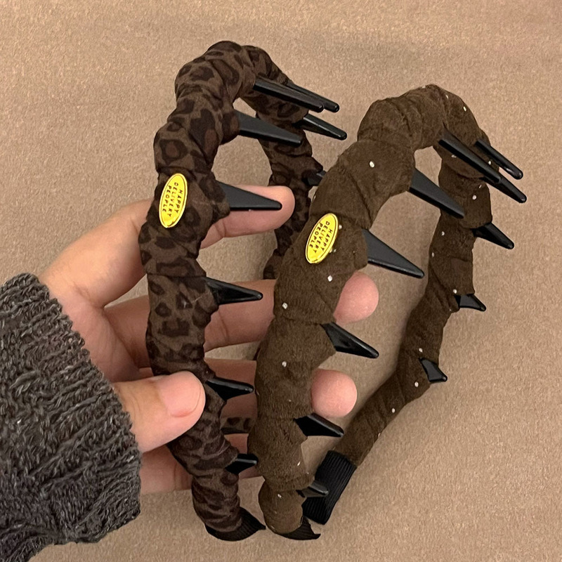 Retro New Suede Leopard Print Toothed Wavy Headband Non-Slip High Crown Fluffy Forehead Hair Polka Dot Headband