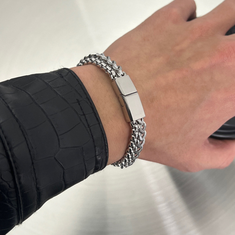 Double-layer Magnetic Buckle Titanium Steel Men's Bracelet Men's Trendy Hip-hop Ins Niche Design Men's Bracelet High-end High Street