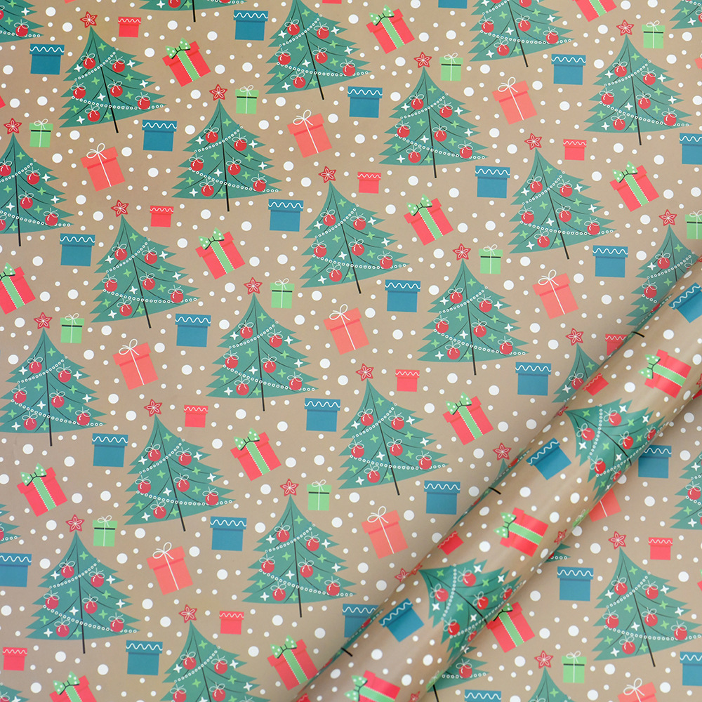 Nuevo papel recubierto brillante papel de regalo de navidad papel de regalo muñeco de nieve de dibujos animados árbol de navidad papel de regalo