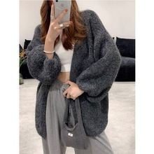 大版秋冬韩系高级感绿色显白灯笼袖针织开衫慵懒风显瘦毛衣外套女