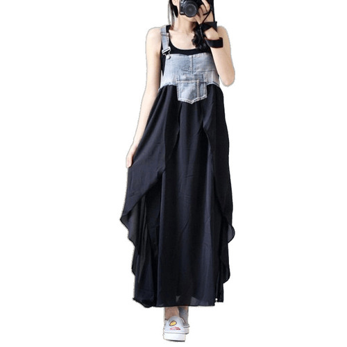 27-color Cross-border Japanese Lotte foreign trade loose denim patchwork floral print overalls dress