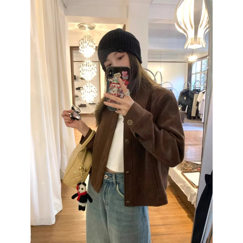咖色鹿皮绒外套女短款2025春春秋韩系宽松休闲复古小个子夹克上衣|undefined