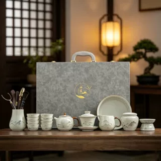 年货礼品汝窑山海雾境茶具墨山礼盒装陶瓷可养开片商务伴手礼代发