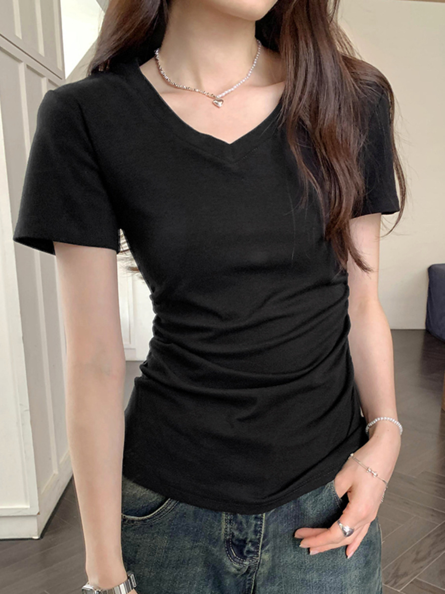 White V Neck Pure Desire Slimming Look Right Shoulder Short-Sleeved T-Shirt for Women Summer 2025 New Waist-Shrinking Pleated Sweet and Spicy Top