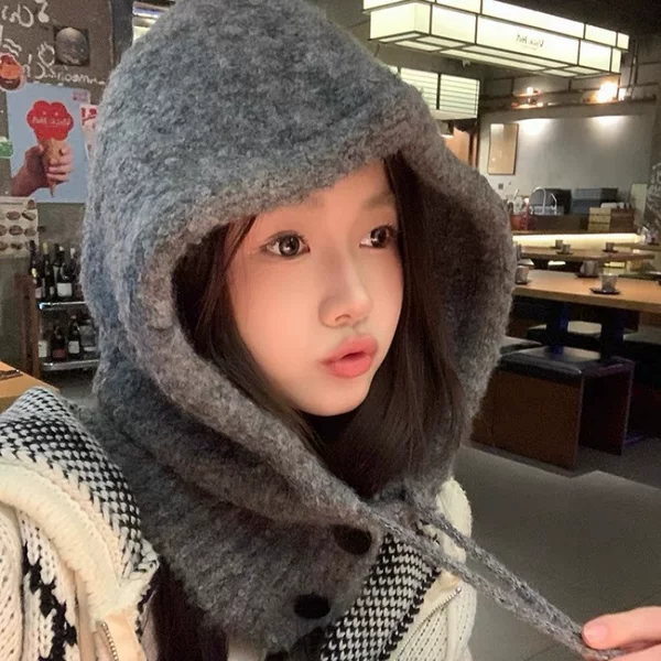 2025 New Winter Knit Hat, Cross-Border Bestseller, Faux Hoodie Hat, Scarf and Shawl All-in-One, Knitted Ear Warmer Hat, Fashionable