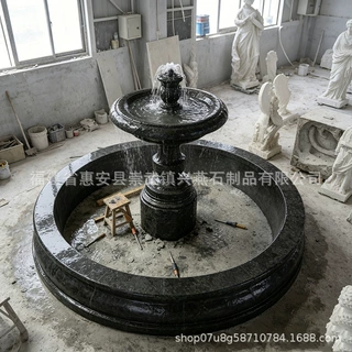 定制双层黑金沙石雕喷泉 别墅花园大型流水摆件 酒店广场欧式石材