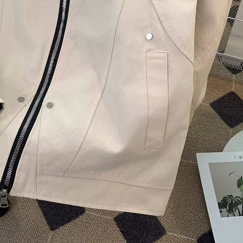 Grid Splicing Jacket, Trendy Loose Baseball Jacket, Lapel Workwear Jacket_voghion.com