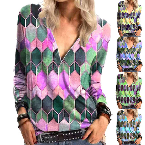  New European and American Women's Clothing eBay Bestseller Street Fashion Women's Top with Geometric Print Zipper Long Sleeve T-Shirt for Women