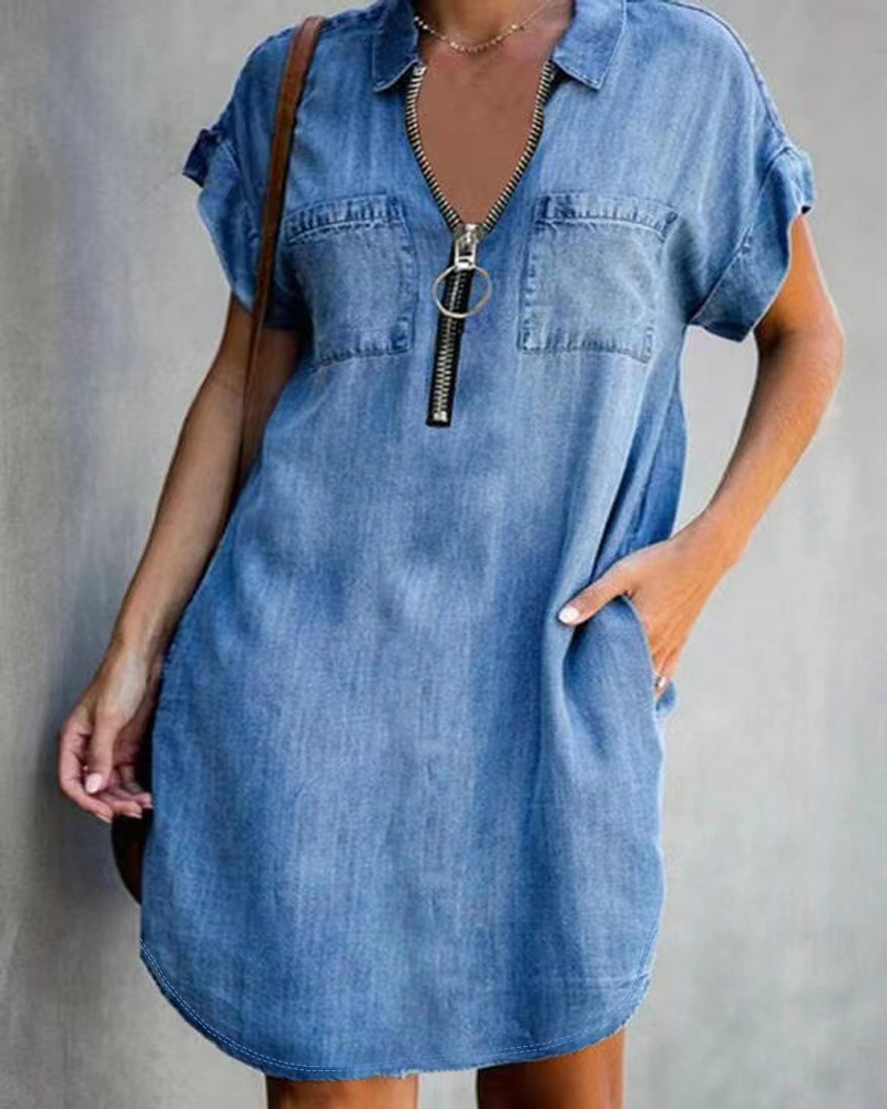 Women's Denim Dress Casual Turndown Zipper Short Sleeve Solid Color Knee-length Street display picture 2
