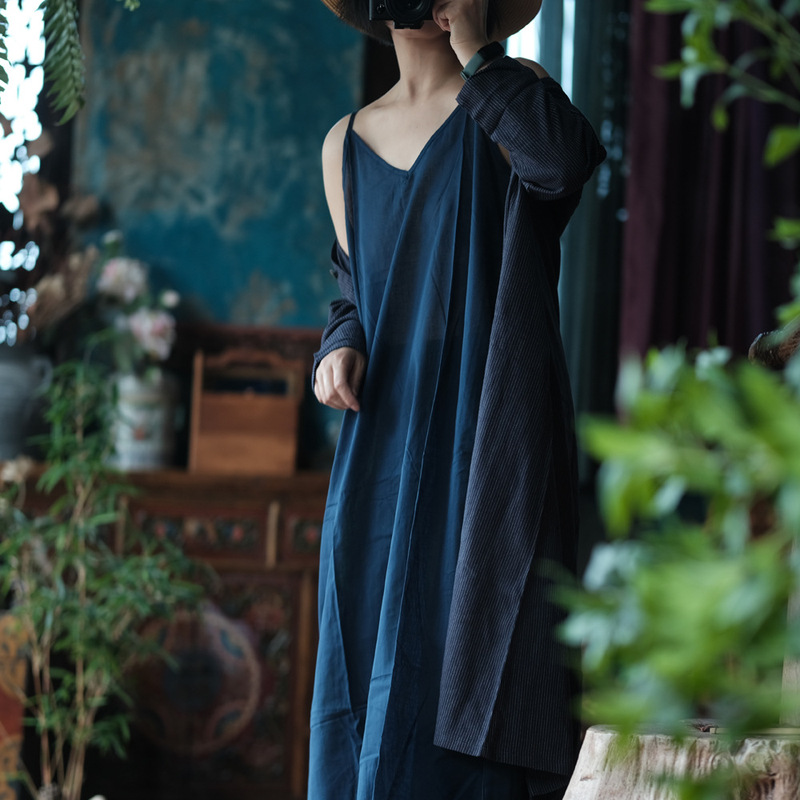 Little Mud Girl Original Design Women's Clothing Retro Zen Style Robe Strap Versatile Dress 2051 Dark Blue Little Mud Girl Original Design Women's Clothing Retro Zen Style Robe Strap Versatile Dress 2051 Dark Blue