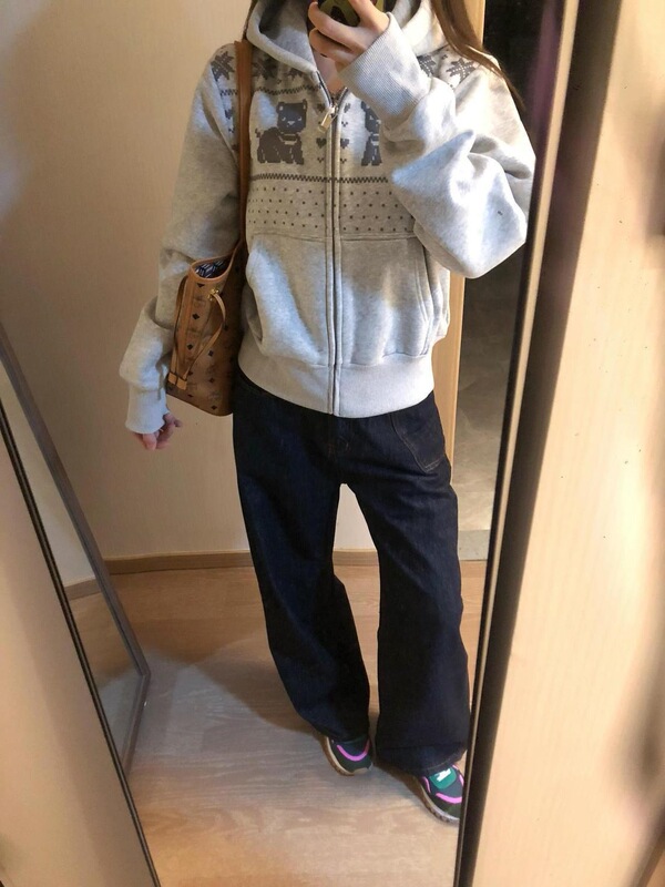 Super Love [Little Bear Print] American Retro Cardigan Hooded Sweatshirt Women's Autumn Loose Easiest for Match Casual Top Tops