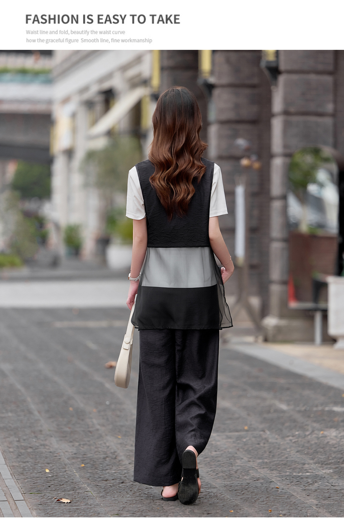 Bộ quần áo nữ V-neck vest kết hợp quần ống rộng hai mảnh mùa hè 2026 — màu đen, màu cà phê chi tiết 25