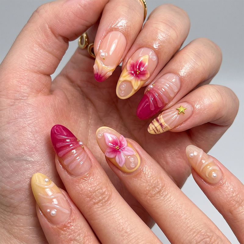 30-Piece Coral Flower Shadow Almond-Shaped Press-On Nails with Shell Texture, French Style Versatile Handmade False Nails 30-Piece Coral Flower Shadow Almond-Shaped Press-On Nails with Shell Texture, French Style Versatile Handmade False Nails