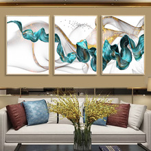 現代簡約三拼抽象的藍色 噴繪畫 創意沙發背景牆裝飾畫掛畫油畫