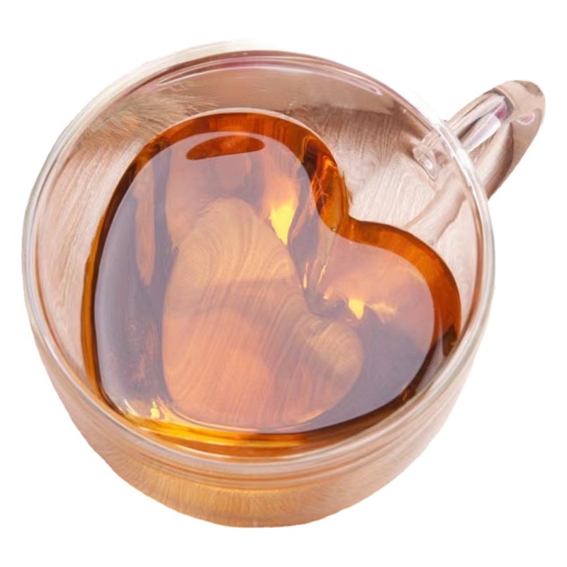Taza de doble capa en forma de corazón con asa, anti-quemaduras, taza para bebidas domésticas, taza para agua, taza de regalo, taza de cristal de café en forma de corazón