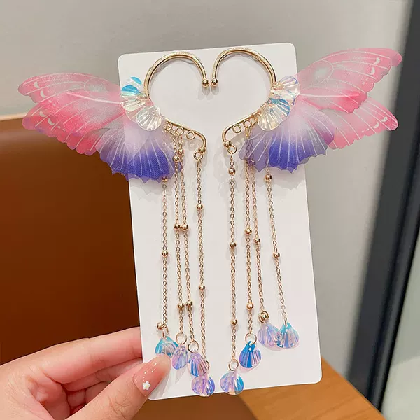 Children's Cute Butterfly Shell Tassel Ear Hanging Earrings Baby Princess Ear Hole Elf Super Fairy Mermaid Earrings