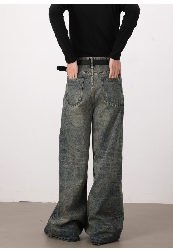 Quần jeans nam dáng rộng ống suông phong cách retro Mỹ, râu mèo xanh, giặt mài làm cũ — Xanh cổ điển chi tiết 10