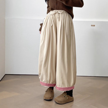 5377冬季新款森女系松紧腰格子拼接夹棉保暖阔腿裤棉裤女休闲裤