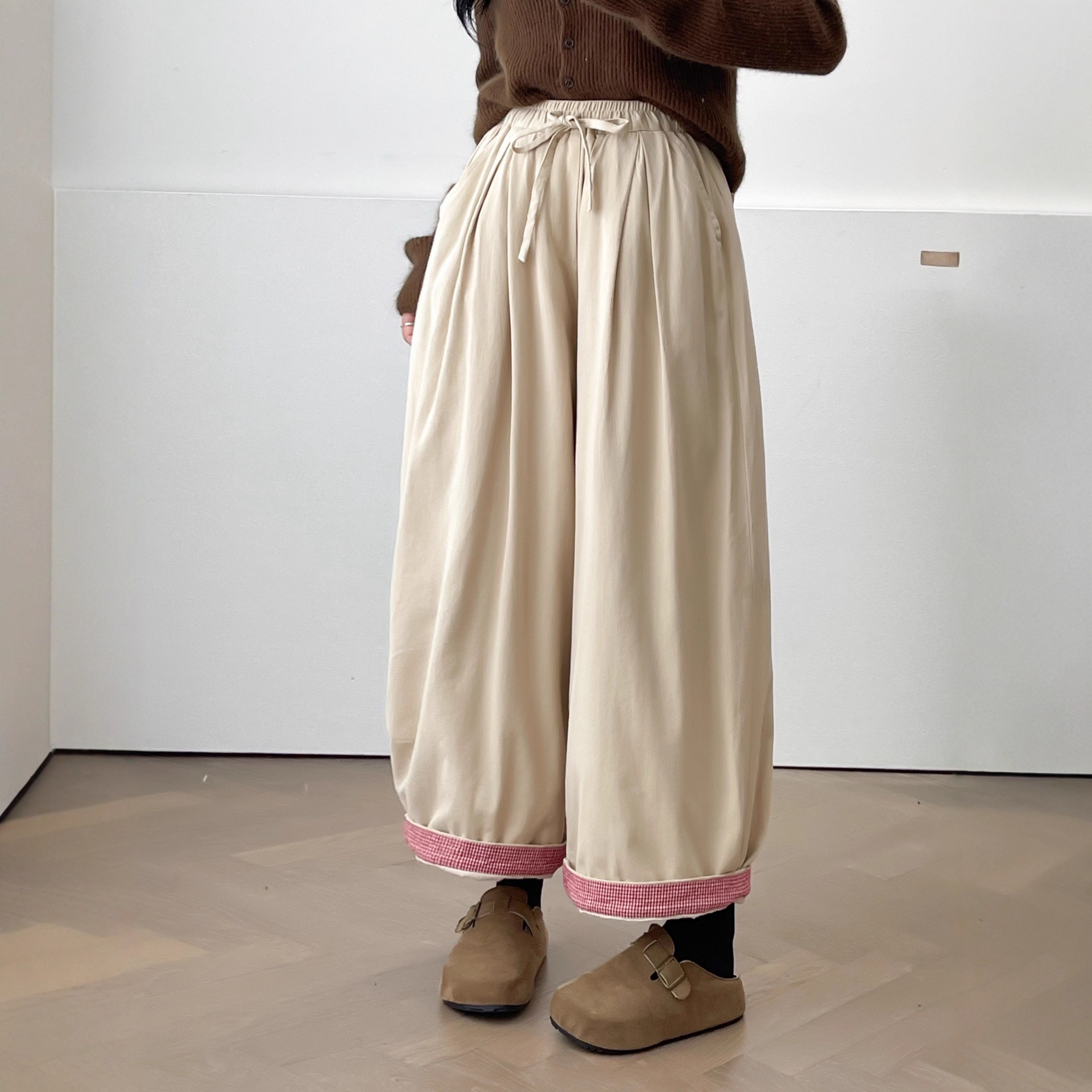 5377冬季新款森女系松紧腰格子拼接夹棉保暖阔腿裤棉裤女休闲裤