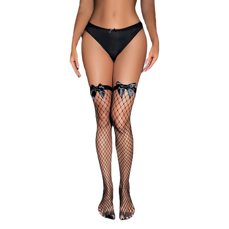 European and American Sexy Pure Desire ins Elastic Bowknot Silk Stockings Women's Black Silk Long Tube Fishing Net Solid Color Mid-length Socks Thigh Socks