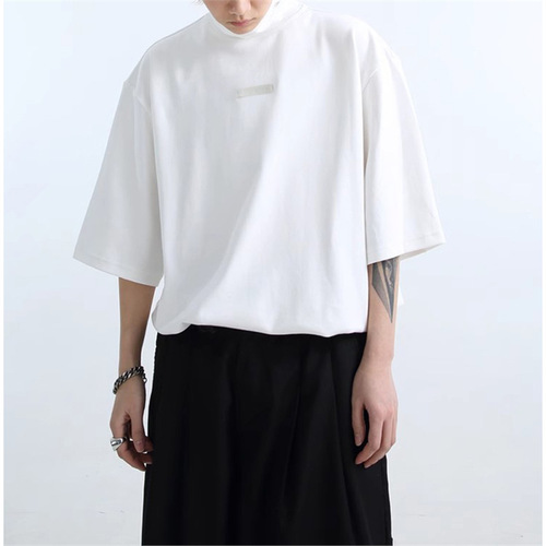 Men's Semi-High Collar Solid Color Short-Sleeve T-Shirt for Summer with a Sense of Elegance, Hairstylist Trendy Brand Men's Clothing, Simple Inner Layer Base Shirt