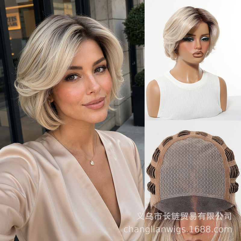 European and American Mono Net Wig for Women, Gradient Golden Brown Short BOB, Breathable, Realistic, Freely Partable, Synthetic Full Wig European and American Mono Net Wig for Women, Gradient Golden Brown Short BOB, Breathable, Realistic, Freely Partable, Synthetic Full Wig
