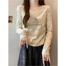 美式扎染褶皱收腰V领长袖T恤女2025早春新款设计感小众打底衫上衣