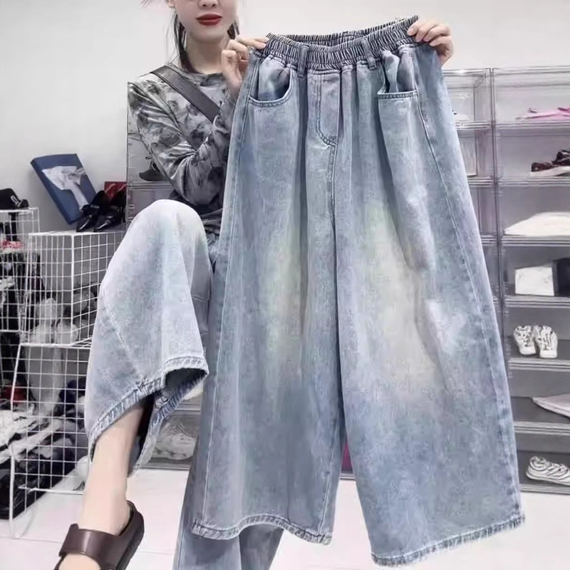 Plus Size Retro Cropped Jeans for Women 2025 Autumn Plus Size Petite Loose High-Waisted Slimming Straight Wide-Leg Pants