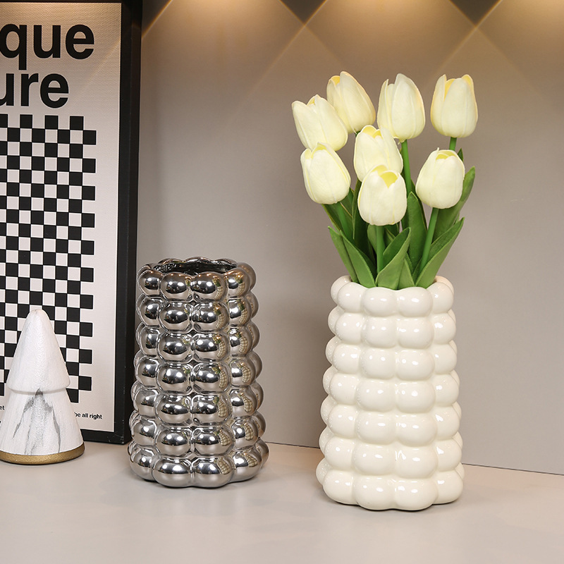 Casual Bead Bubble Vase Electroplated Milky White Silver Ceramic Vase Accessible Luxury Living Room Table Decoration Flower Container