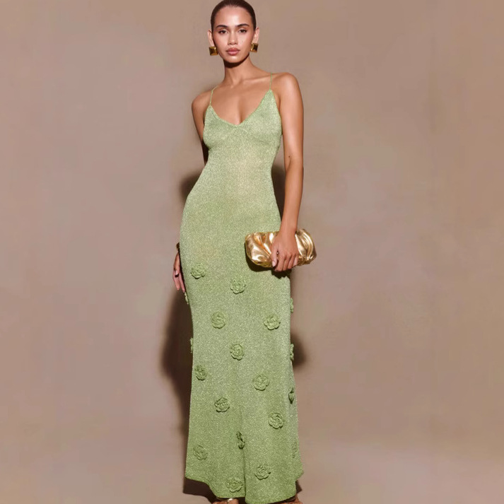 欧美女装新款连衣裙纯色修身长裙针织吊带裙夏季连衣裙女v领裙子