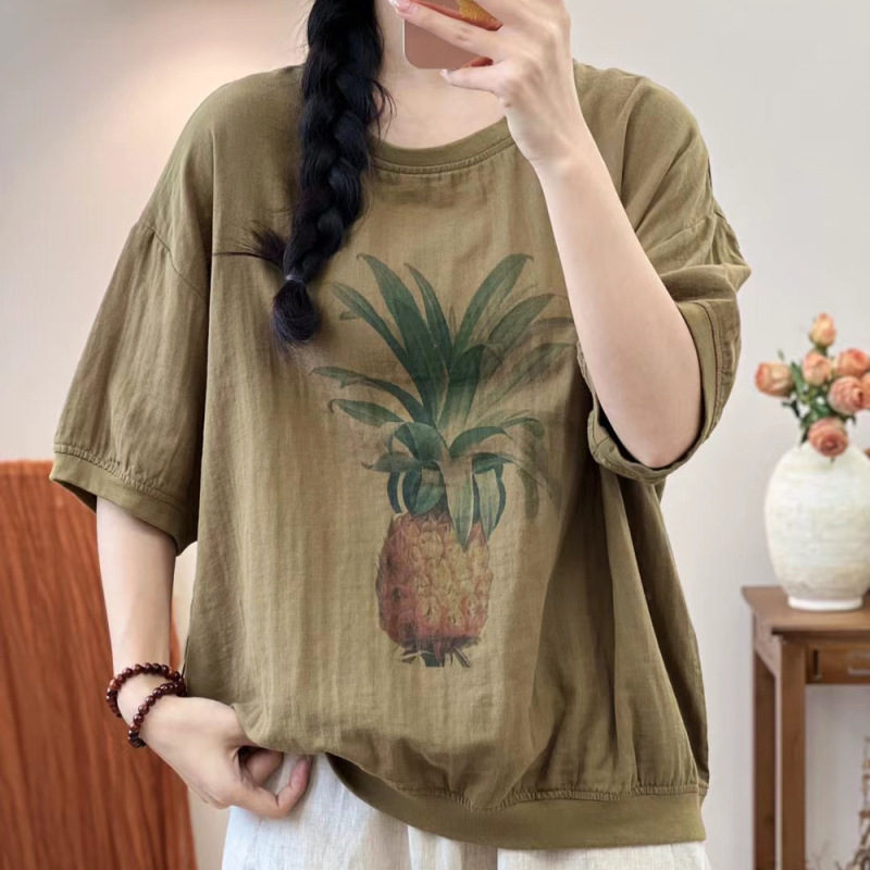 二重綿糸夏の新型レトロなプリントのゆるい丸首二重綿糸が痩せている半袖tシャツの上着の女性|undefined