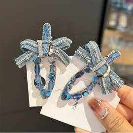 韩系气质复古牛仔蝴蝶结满钻发夹水晶鸭嘴夹边夹刘海侧边夹子头饰