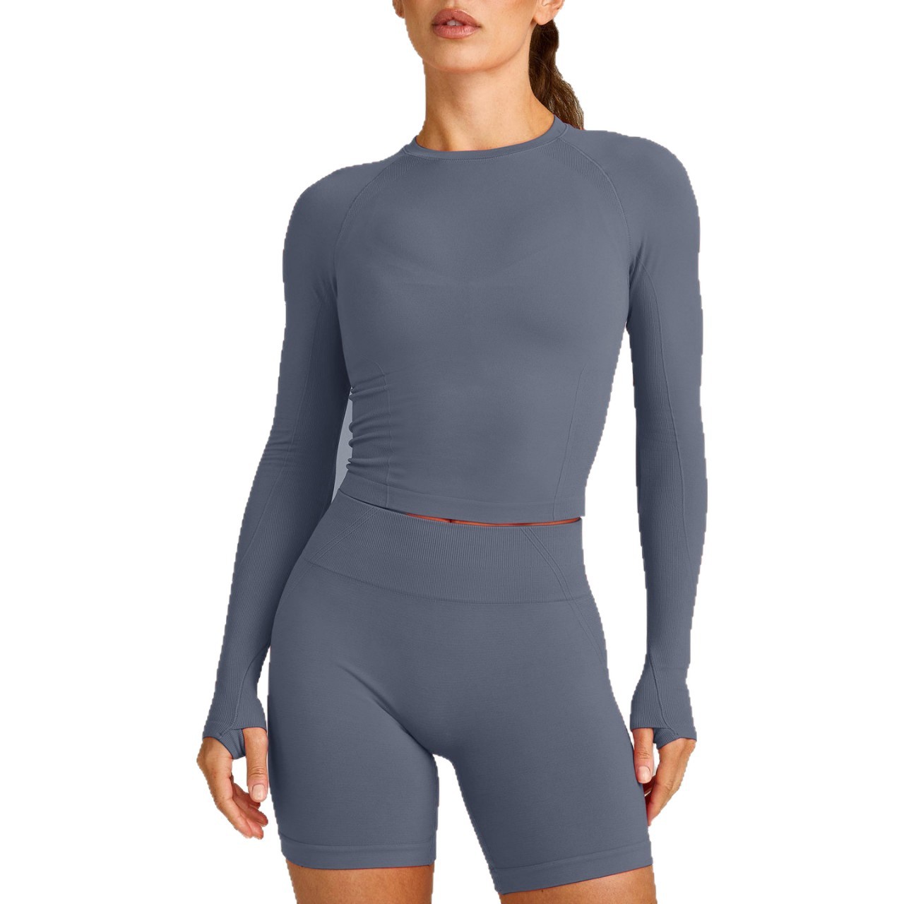 Transfronterizo de color sólido europeo y americano manga larga piel transpirable pantalones cortos deportivos de secado rápido adelgazamiento y adelgazamiento al aire libre conjunto de yoga