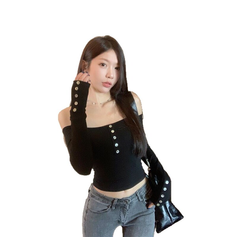 超手感莫代尔棉~美式辣妹一字肩长袖T恤女设计感开扣修身打底上衣|undefined
