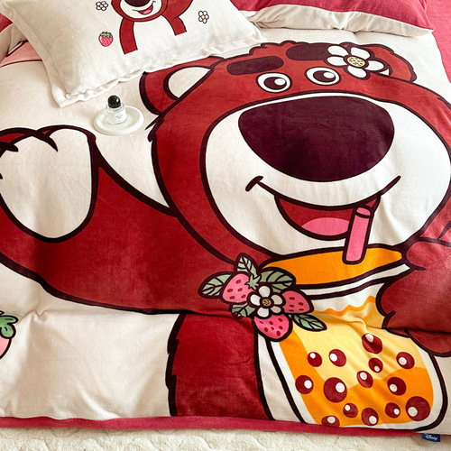Cartoon Strawberry Bear Milk Velvet Four-piece Winter Thickened Coral Velvet Bedding Flannel Quilt Cover Sheets