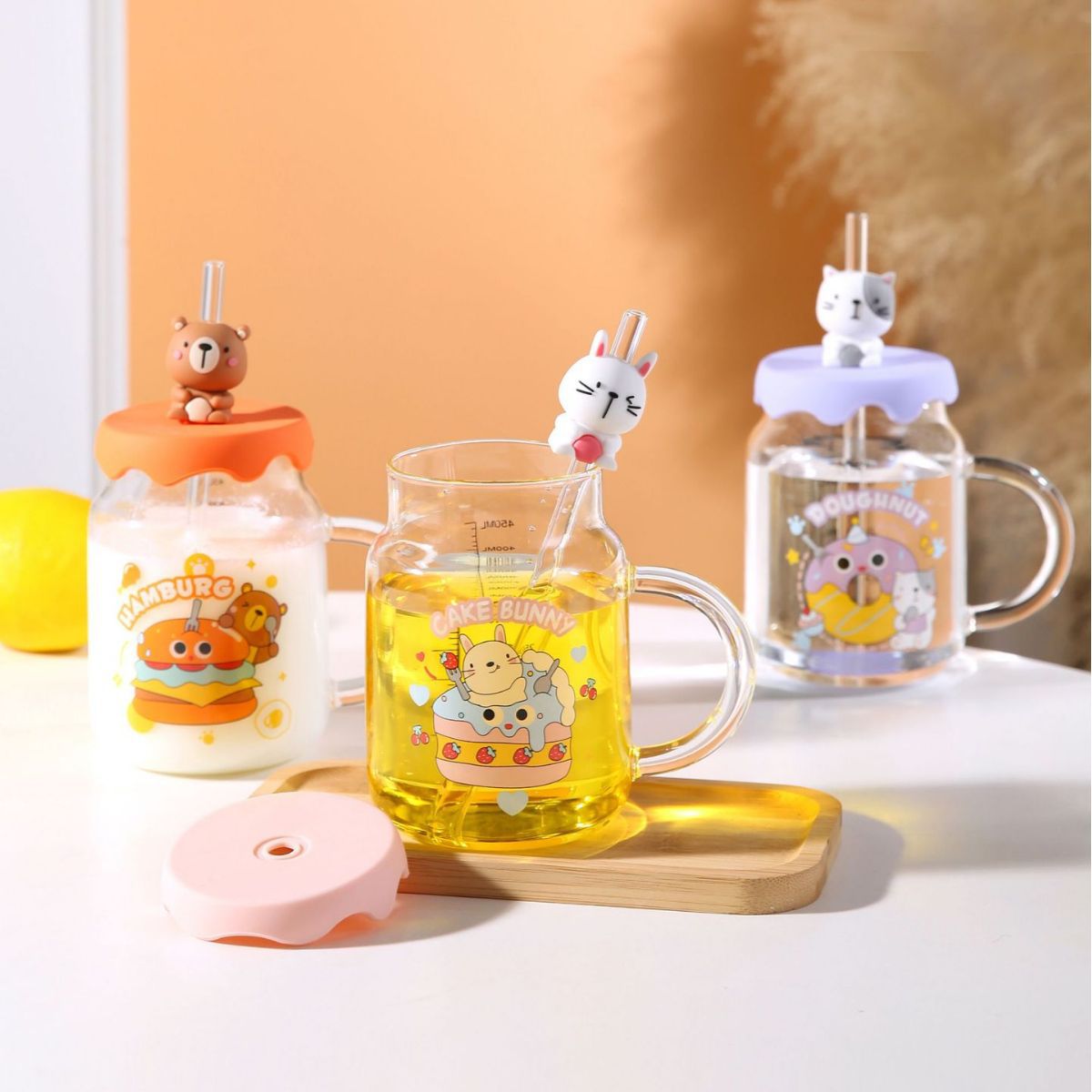 Creativo de dibujos animados personalizado animal paja vidrio con taza de regalo de escala taza de alto aspecto lindo