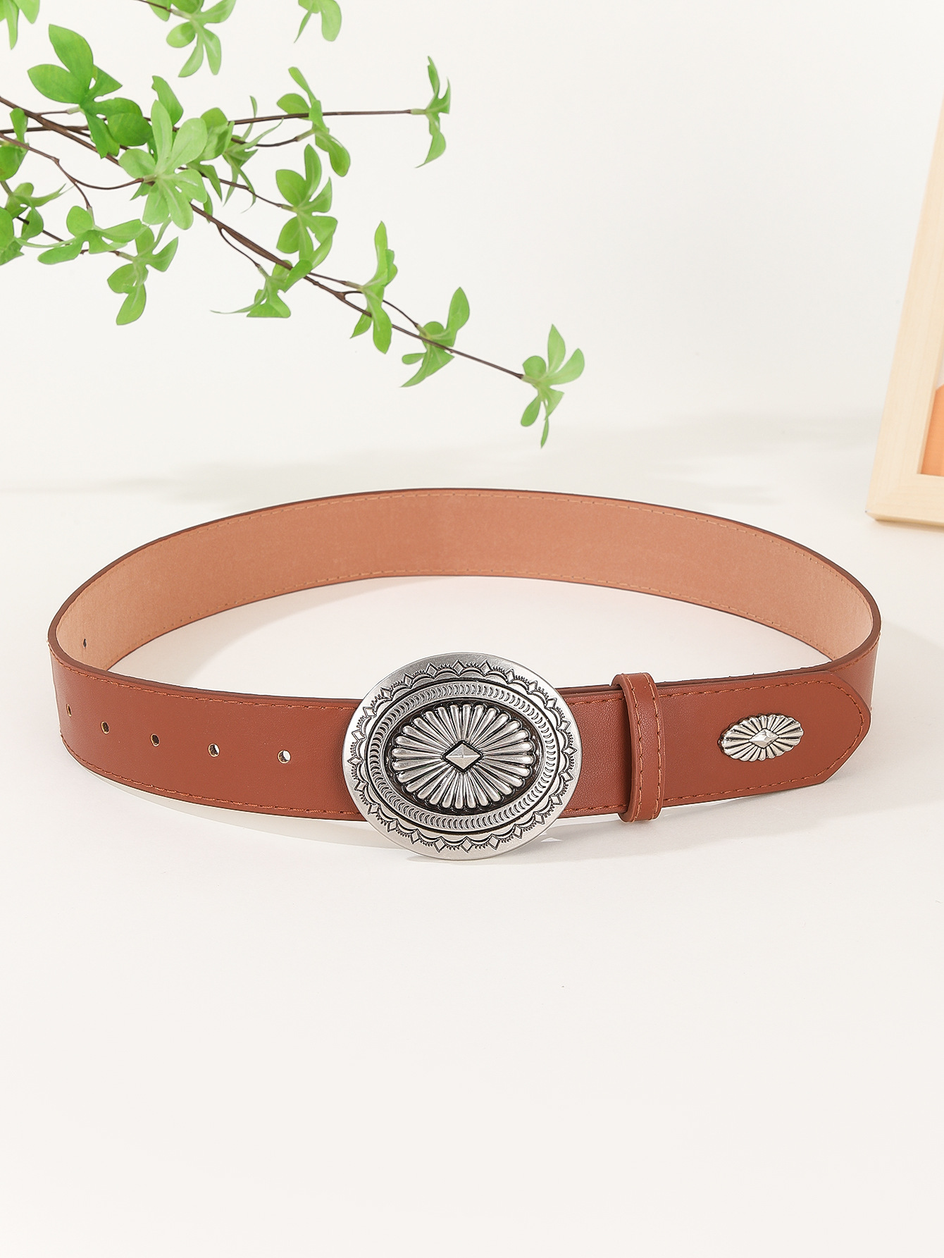 180g Weight Belt Classification 1 Piece Quantity Casual, Daily Occasion Pu Leather, Alloy Material Oval Pattern Women's Gender Retro, IG Style Style Camel, Black Color IG Style Retro Oval Pu Leather Alloy Women's Leather Belts 2