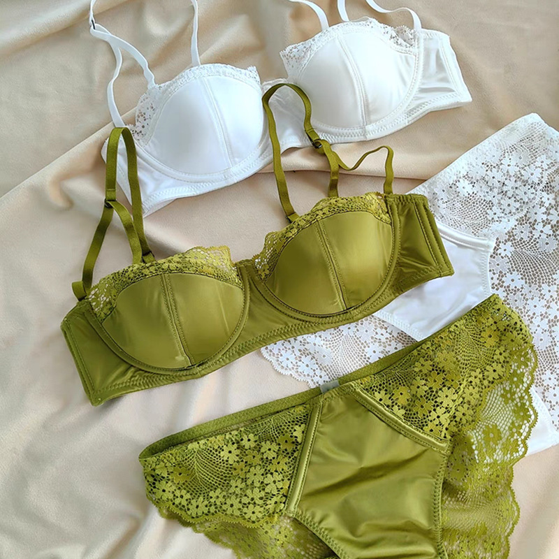 French High-grade Satin Bra suit Pure Desire Half Cup Small Chest Sexy Top-up Thin Lace Trim Glow Underwear