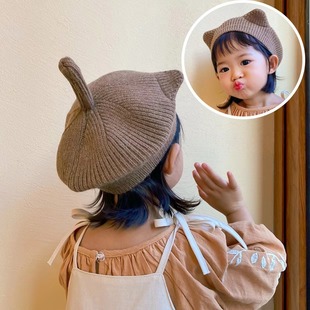 Moon Crit South Korea Baby Girl Autumn and Winter Foreign Style Beret Lined with Cat Tail Cussy Ears